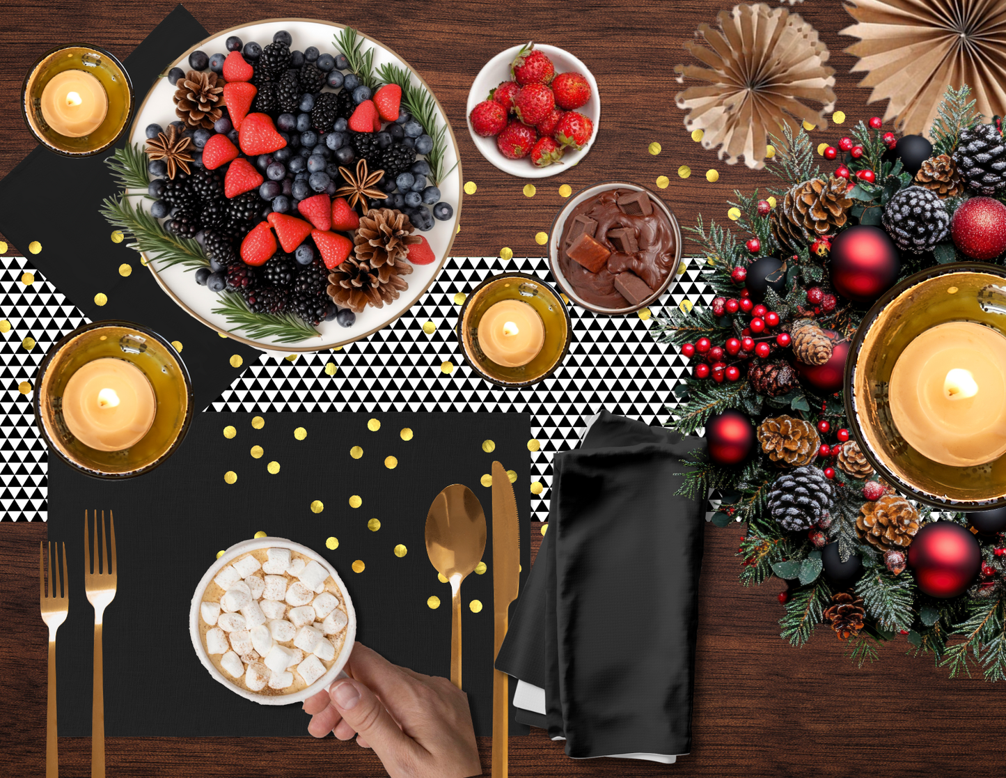 Black Holiday Napkin Set | 4 Washable Cloth Napkins, Elegant Christmas Table Decor