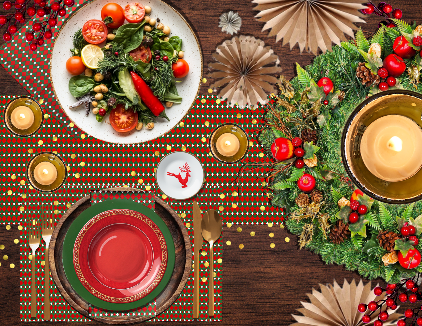 Fancy Red Green & White Argyle Christmas Table Runner | Festive Holiday Dining Décor, Rustic Farmhouse Diamond Check