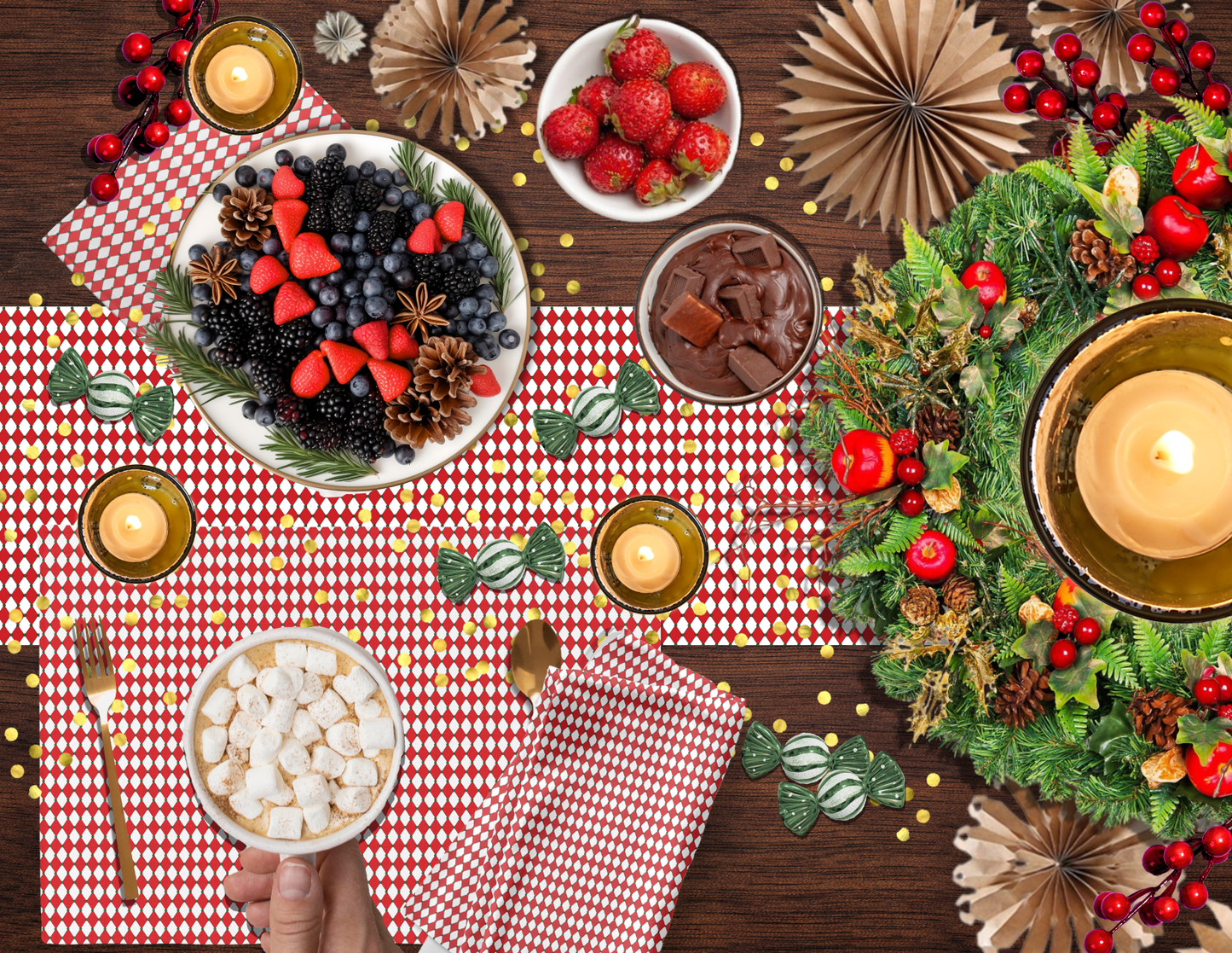 Nutcracker Drummer Red Argyle Polyester Placemats | Christmas Holiday Cloth Dining Mat Set, Festive Diamond Décor