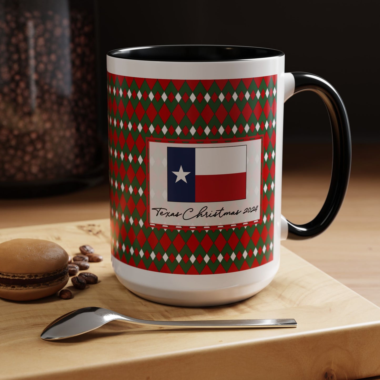 Merry- Christmas Fancy Argyle Personalizable Christmas Ceramic Mug (11oz, 15 oz)