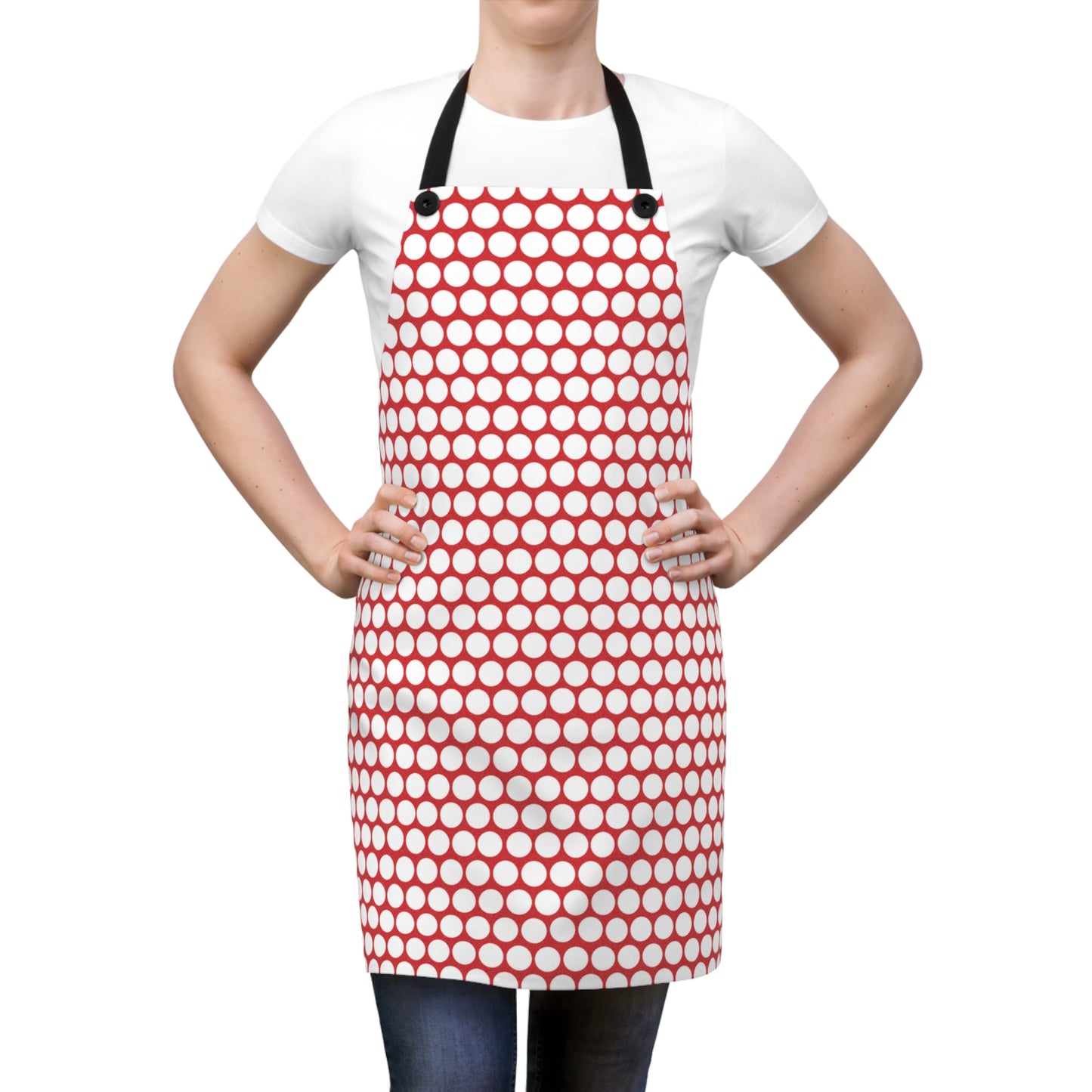 White Polka Dot on Red Holiday Apron | Lightweight 100% Polyester Twill, Detachable Black Twill Straps