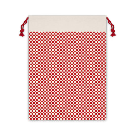 Red & White Checkerboard Pattern Canvas Gift Bag | Reusable Drawstring Pouch