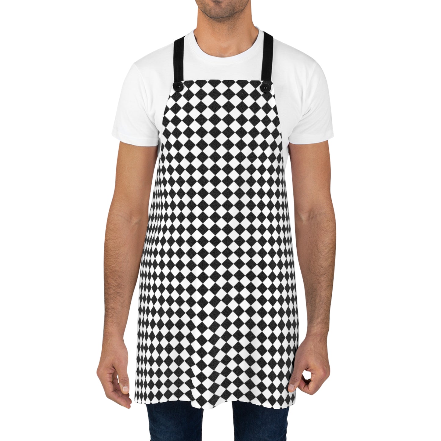 Black & White Argyle Holiday Apron | Lightweight 100% Polyester Twill, Detachable Black Twill Straps