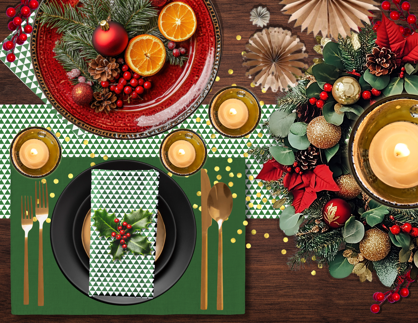 Green Triangle Polyester Napkins | Festive Christmas Cloth Napkin Set, Rustic Farmhouse Holiday Dining Décor