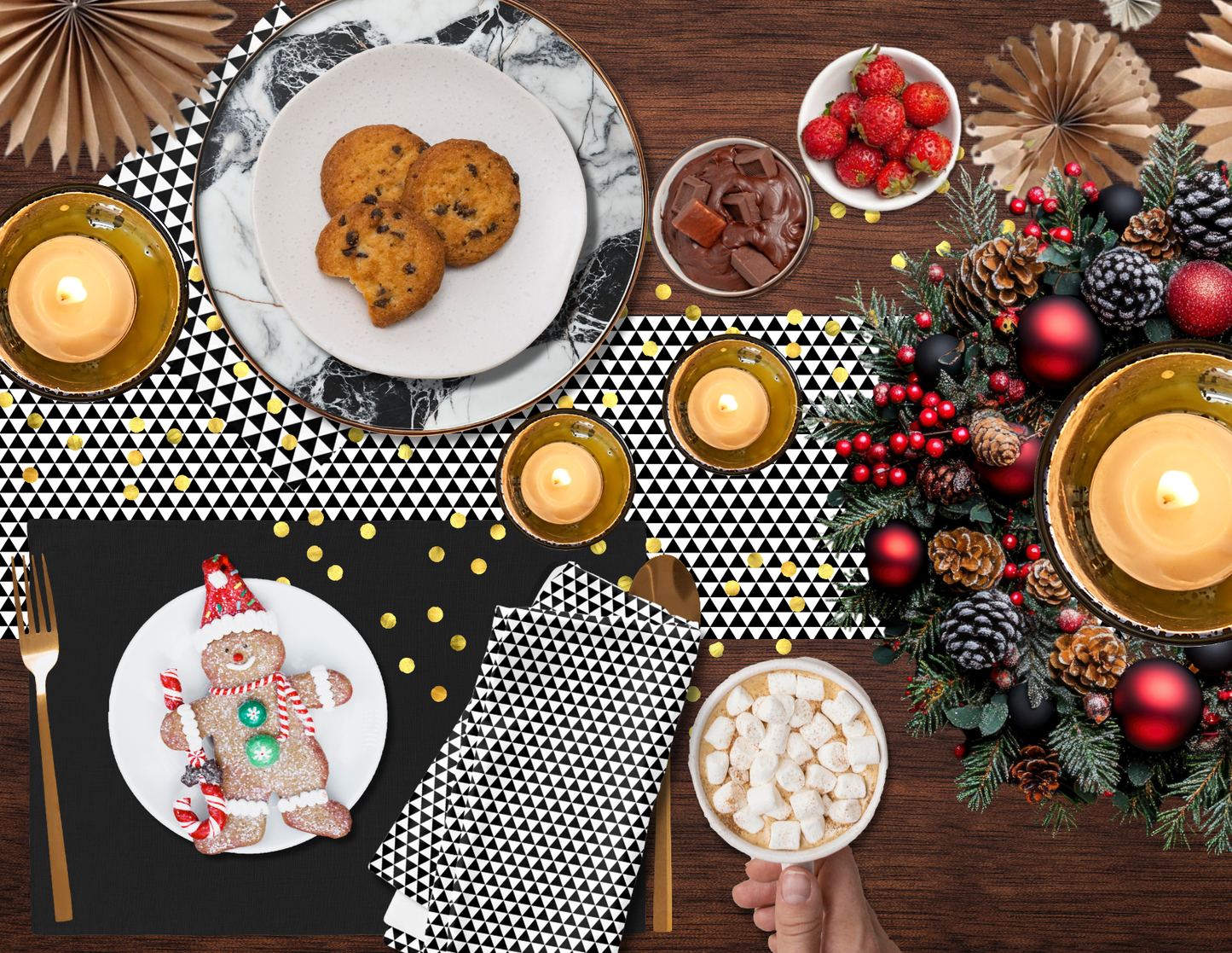 Black Holiday Placemat Set | 4 Washable Placemats, Chic Christmas Dining Table Decor