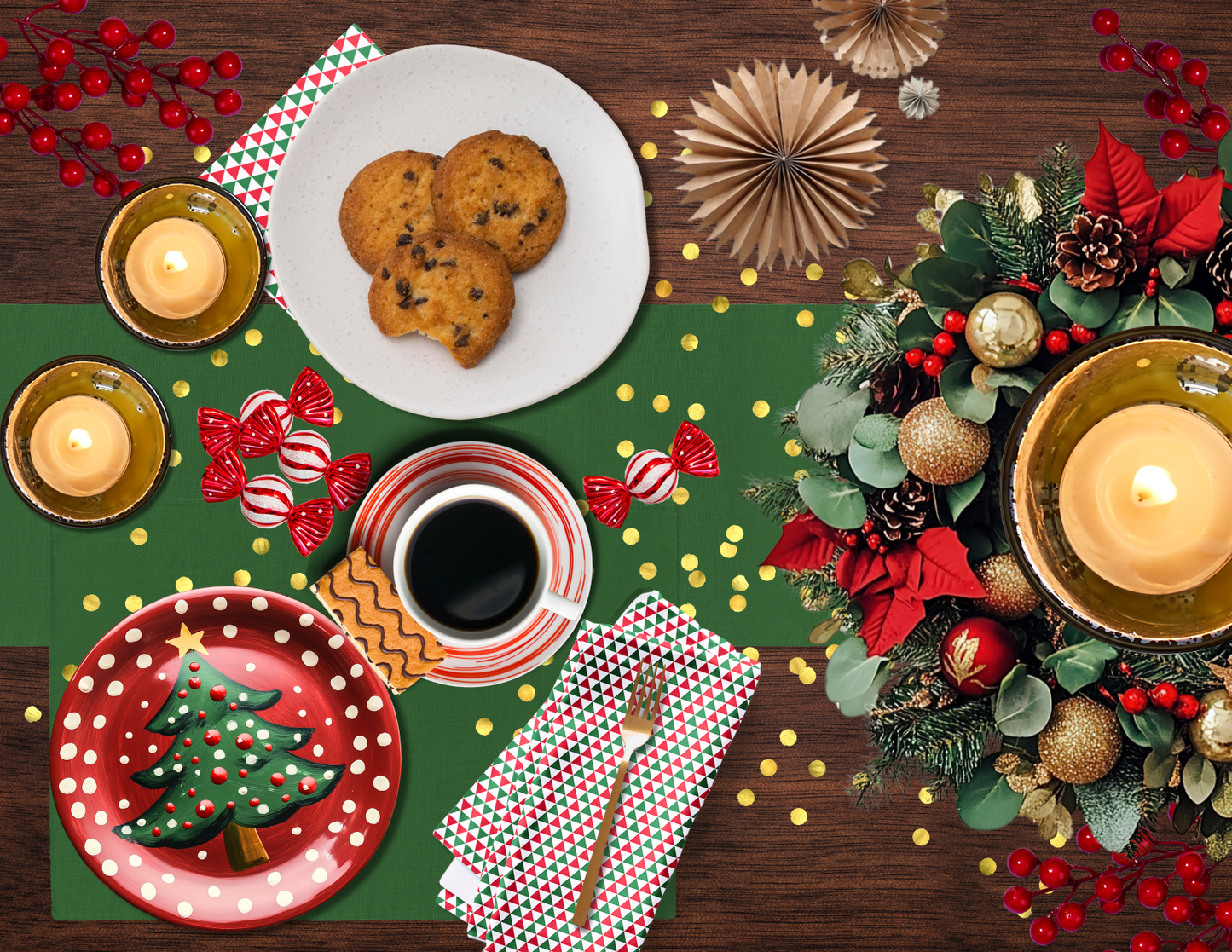 Red & Green Triangle Party Polyester Napkins | Festive Christmas Holiday Cloth Napkin Set, Bold Geometric Dining Décor