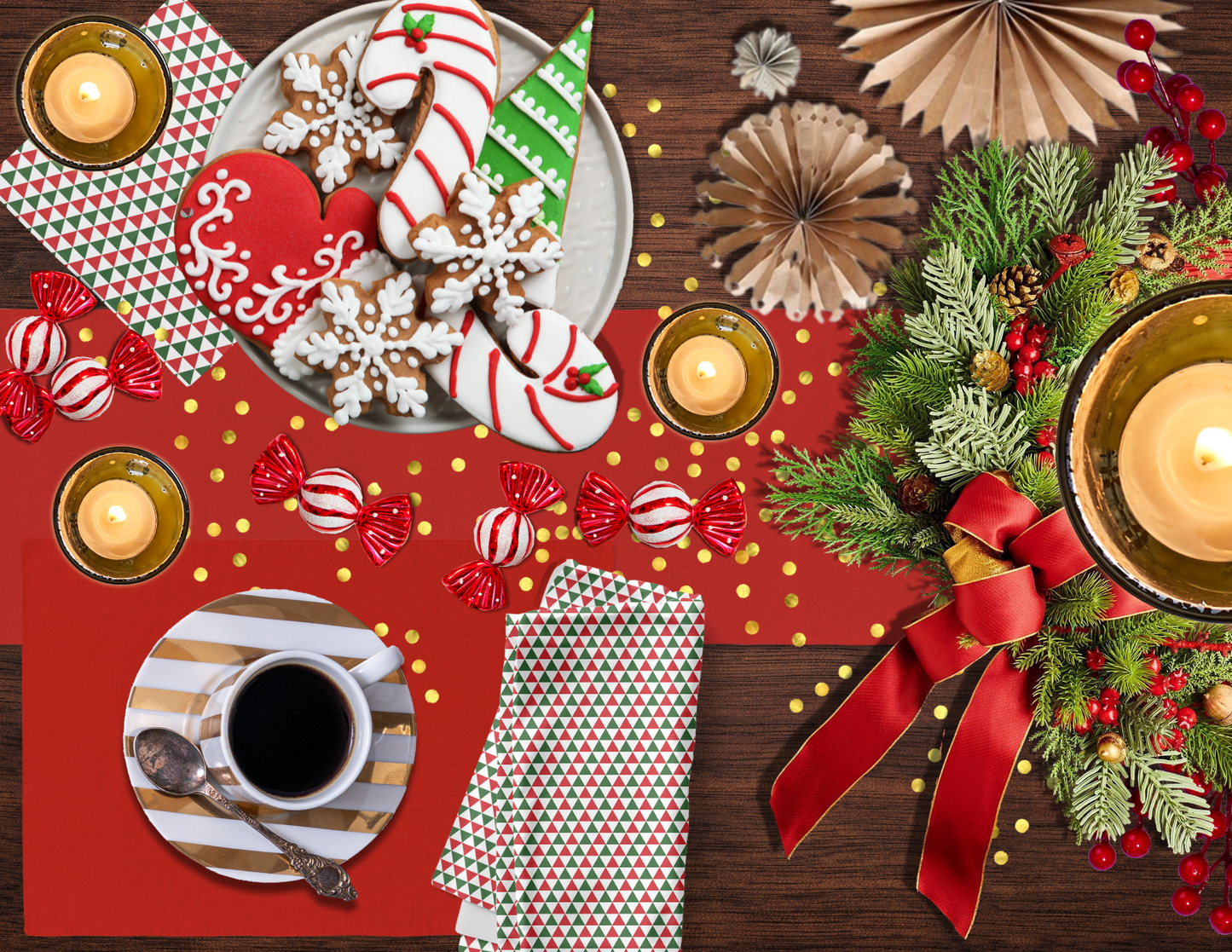 Red & Green Triangle Party Polyester Napkins | Festive Christmas Holiday Cloth Napkin Set, Bold Geometric Dining Décor