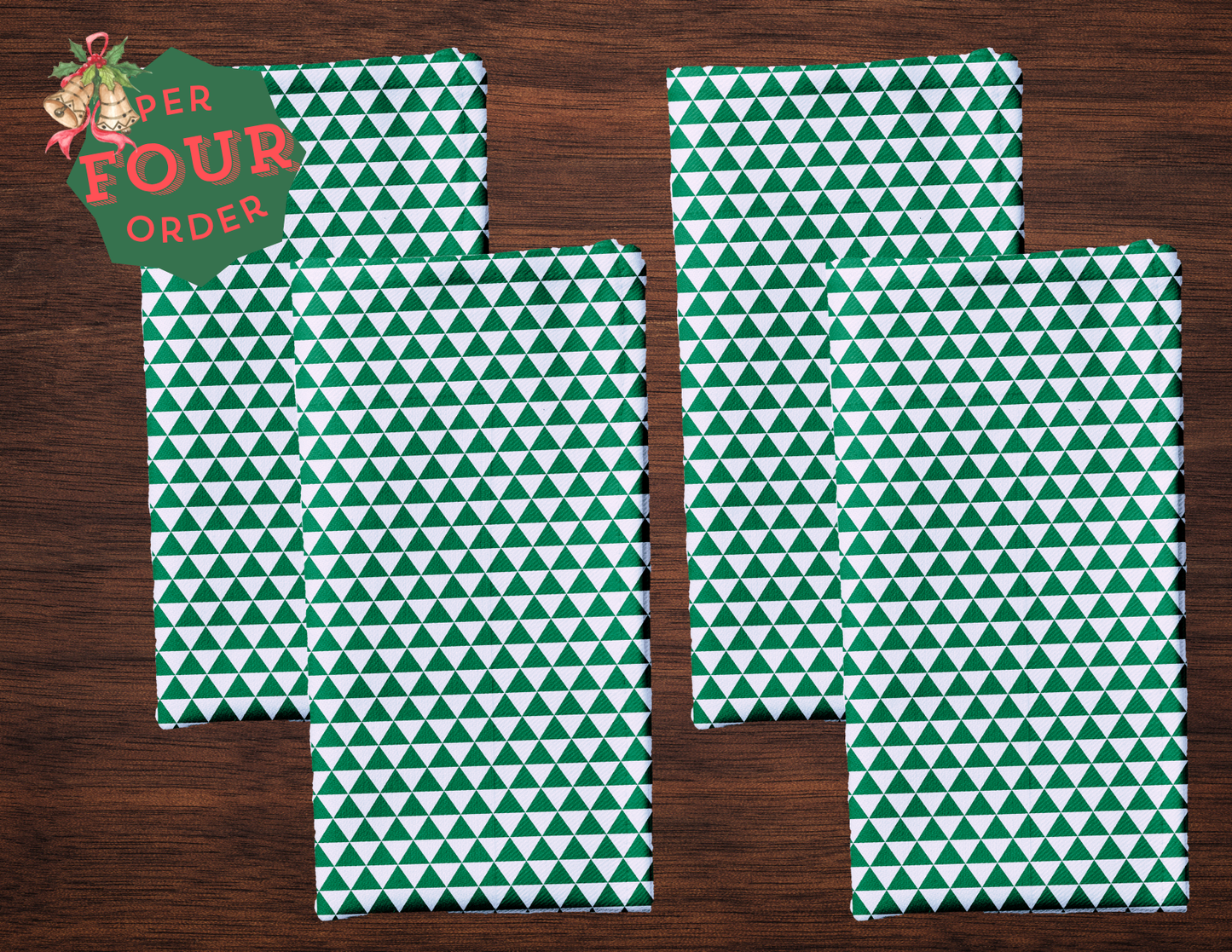 Green Triangle Polyester Napkins | Festive Christmas Cloth Napkin Set, Rustic Farmhouse Holiday Dining Décor