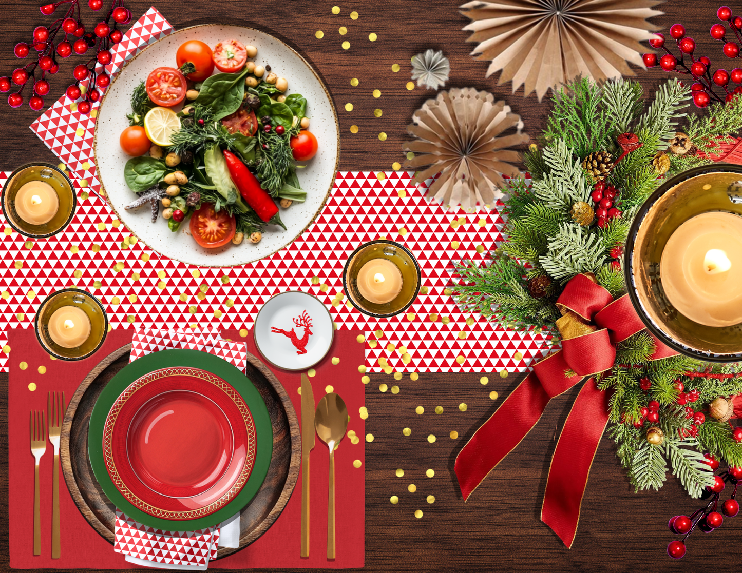 Red Triangle Christmas Table Runner | Bold Holiday Farmhouse Dining Room Décor, Festive Geometric Checkered Table Accent