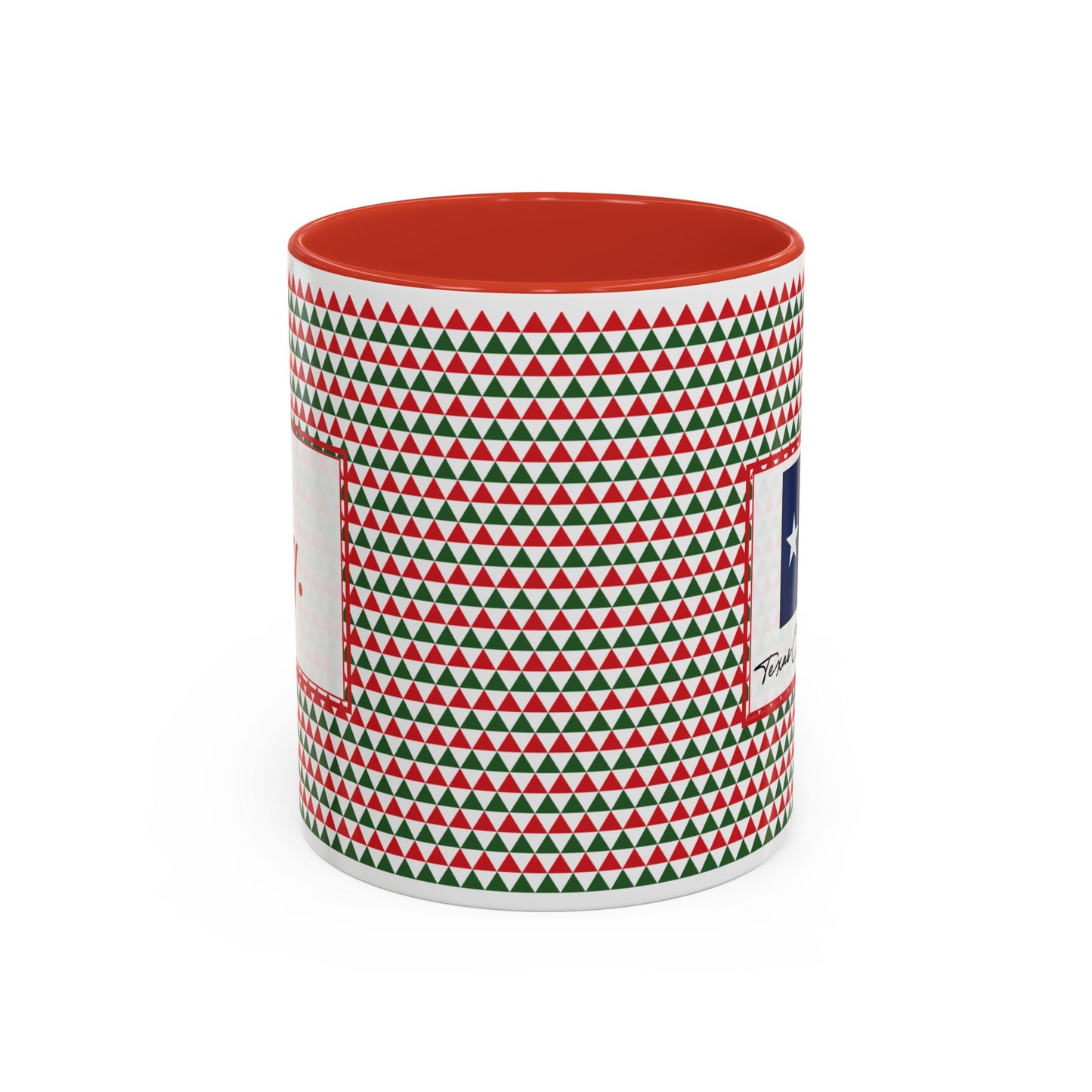 Joy- Red & Green Triangles Personalizable Christmas Ceramic Mug (11oz, 15 oz)