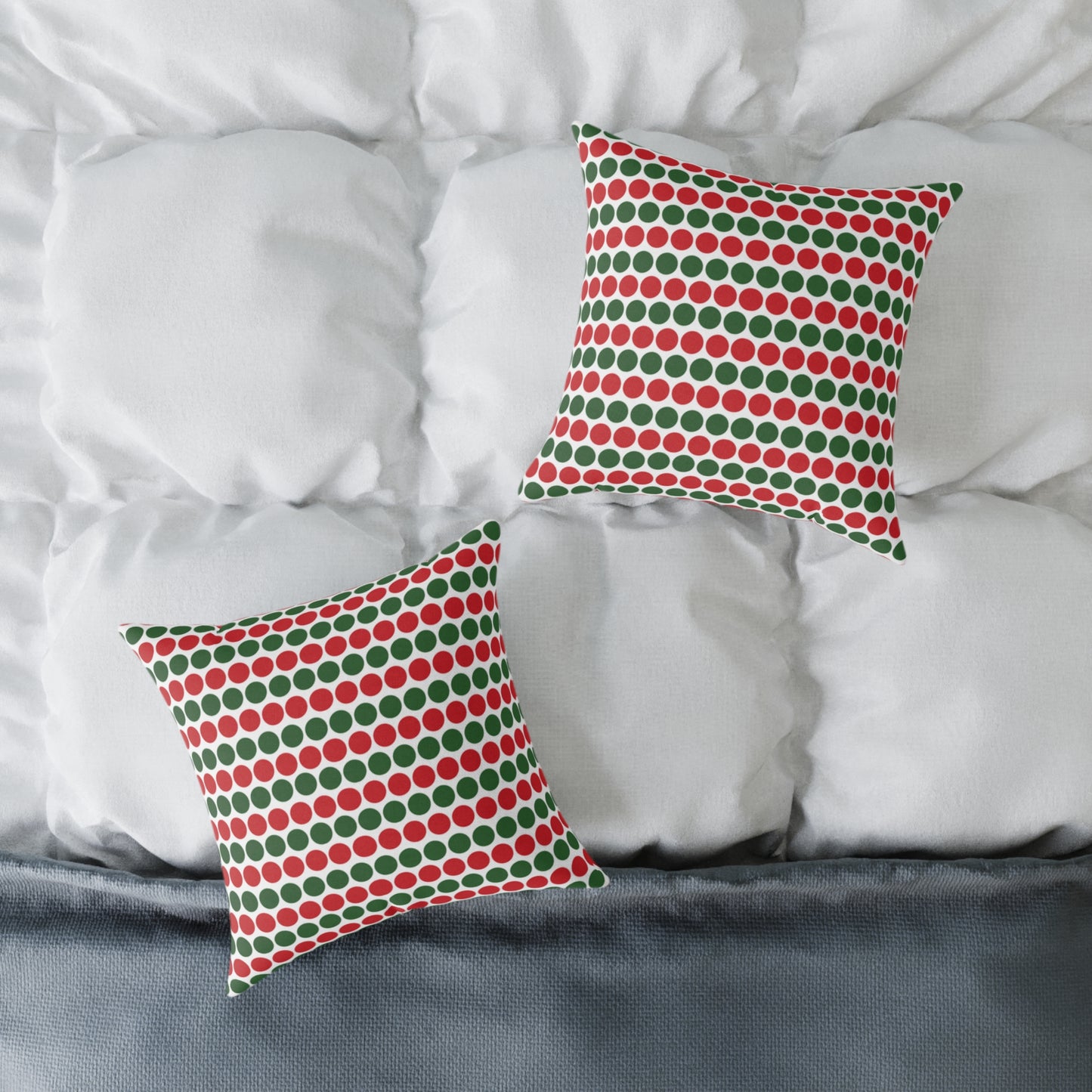 Red & Green Polka Dot Striped Christmas Decorative Pillow | Double‑Sided Poly Canvas Cushion, 5 Sizes, Vibrant Holiday Décor