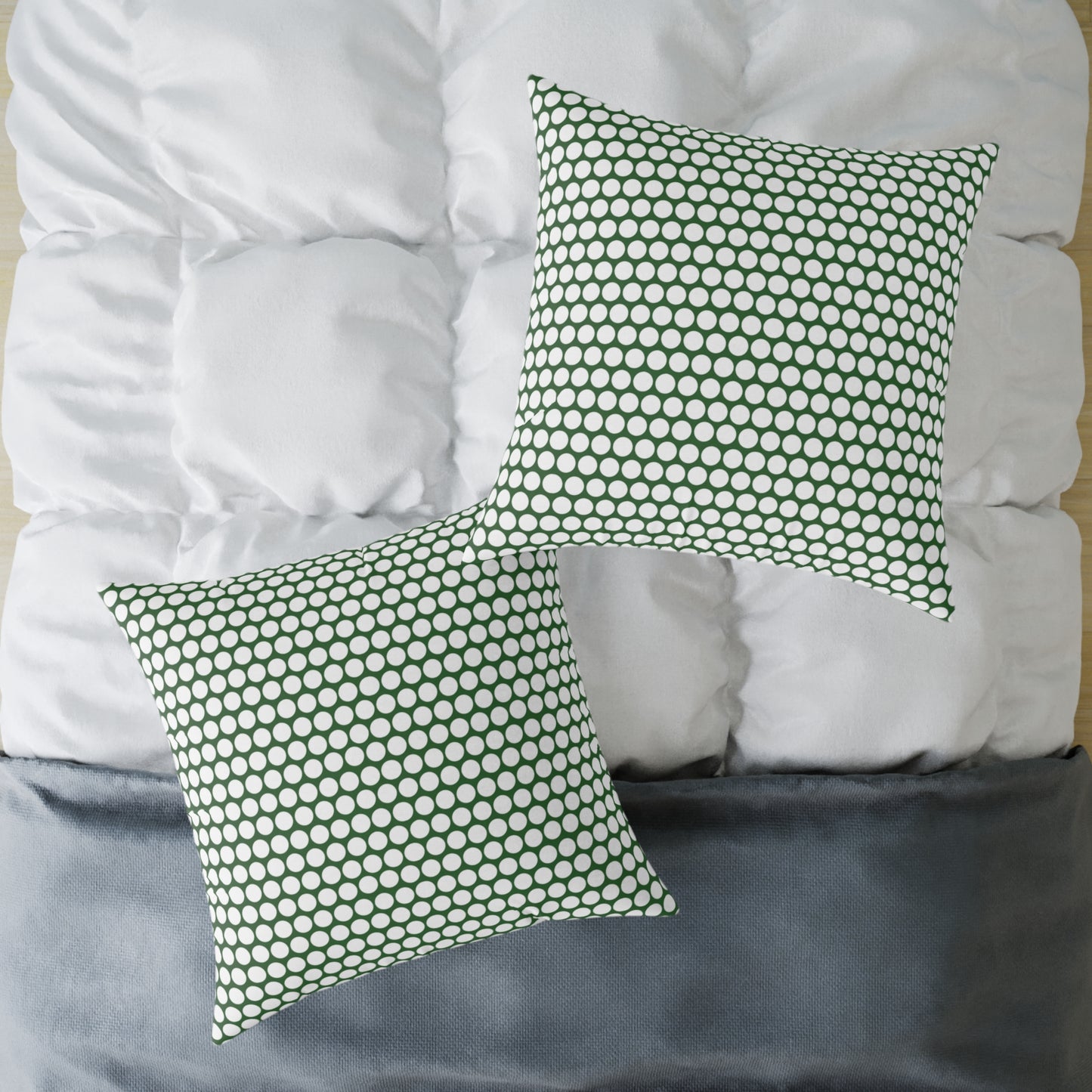 White Polka Dot on Green Christmas Decorative Pillow | Double‑Sided Poly Canvas Cushion, Vibrant Holiday Décor, 5 Sizes