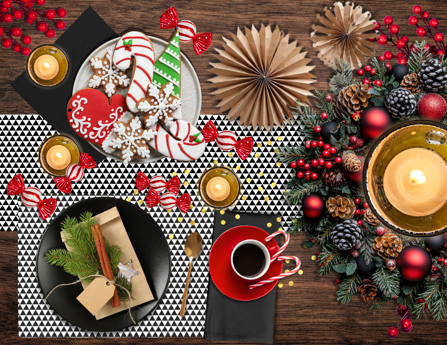 Black Triangle Christmas Table Runner | Modern Holiday Farmhouse Dining Room Decor, Bold Geometric Festive Table Accent