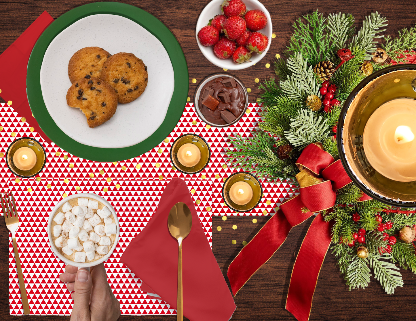 Red Triangle Polyester Placemats | Bold Christmas Holiday Dining Décor, Festive Washable Table Mat Set