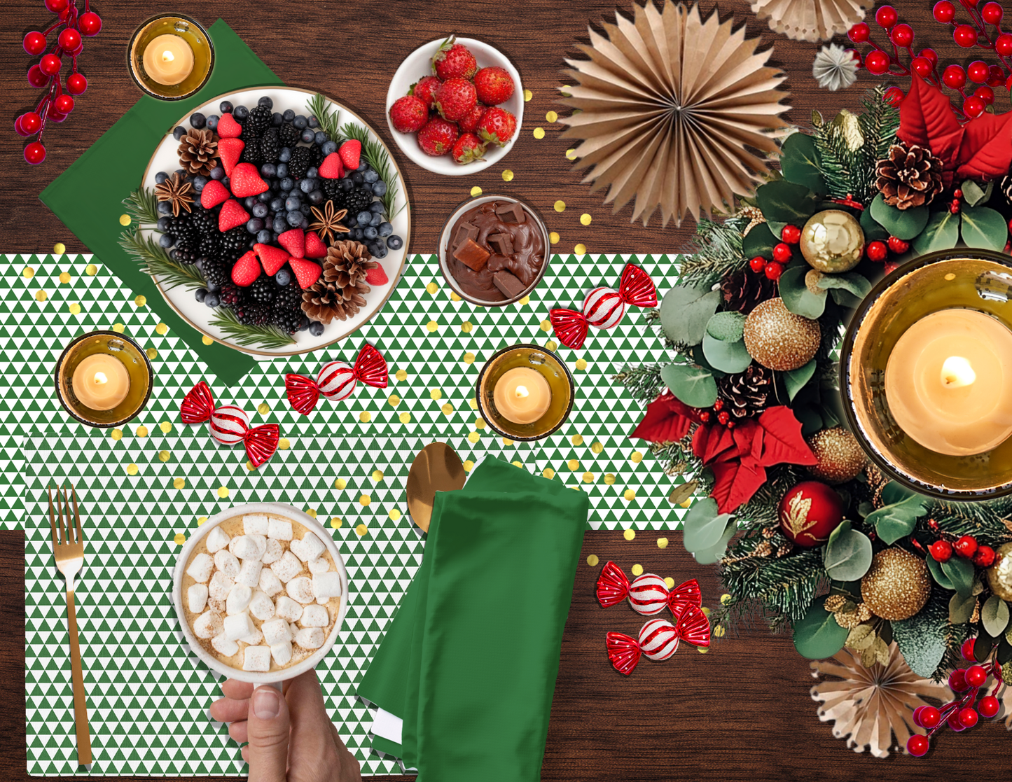 Green Triangle Christmas Table Runner | Bold Holiday Farmhouse Dining Room Décor, Festive Geometric Modern Table Accent