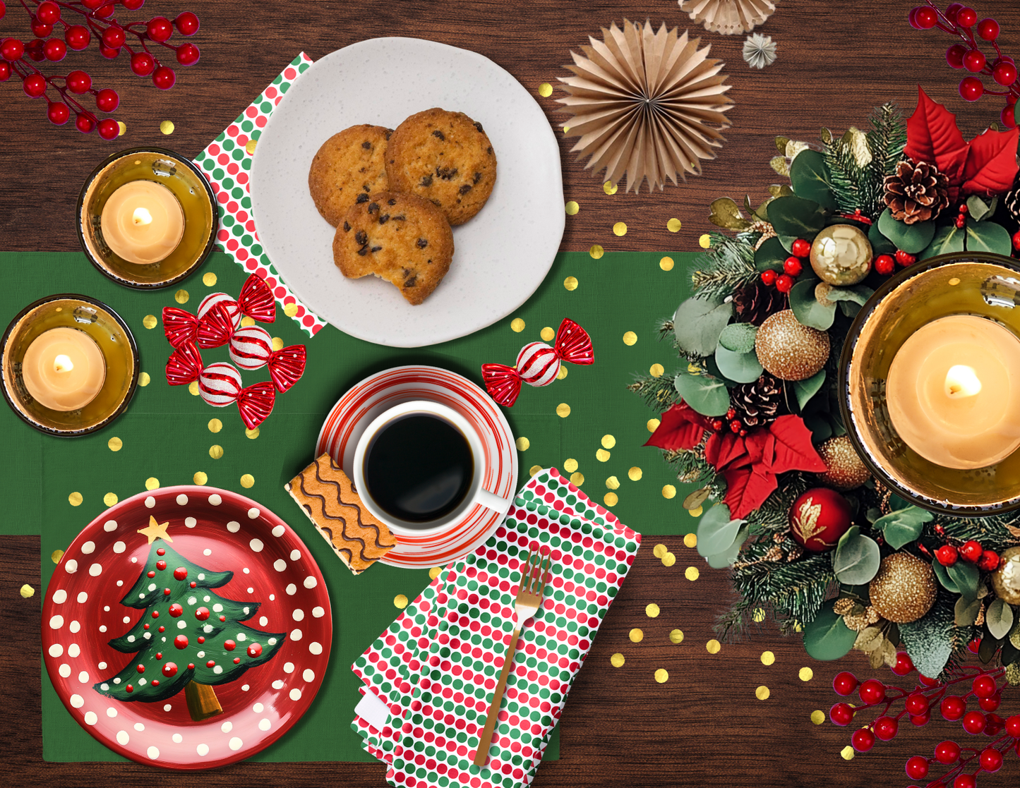 Red & Green Polka Dot Polyester Napkins | Christmas Holiday Cloth Napkin Set, Festive Farmhouse Dining Décor