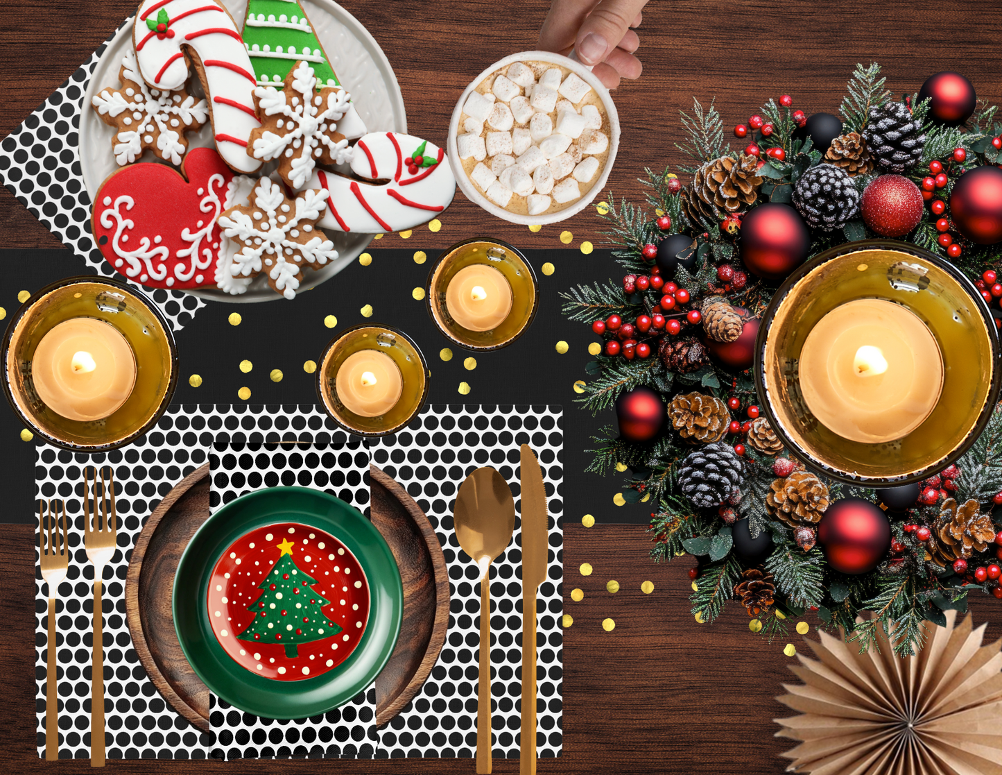 Black Christmas Table Runner | Washable Holiday Dining Decor, Modern Elegant Style