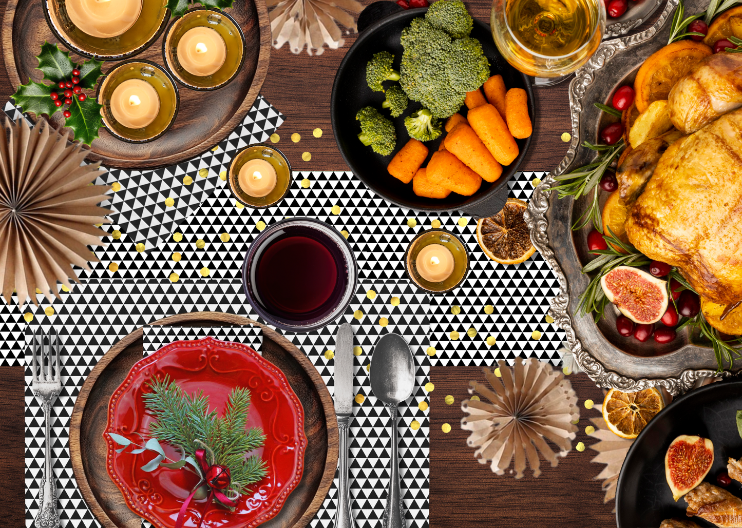 Black Triangle Polyester Napkins | Modern Christmas Holiday Cloth Napkin Set, Bold Geometric Festive Dining Décor