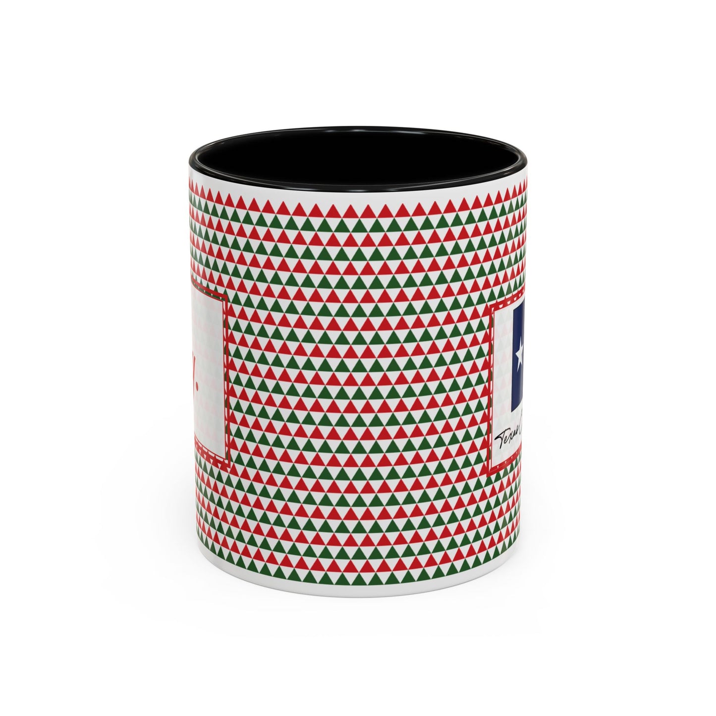 Joy- Red & Green Triangles Personalizable Christmas Ceramic Mug (11oz, 15 oz)