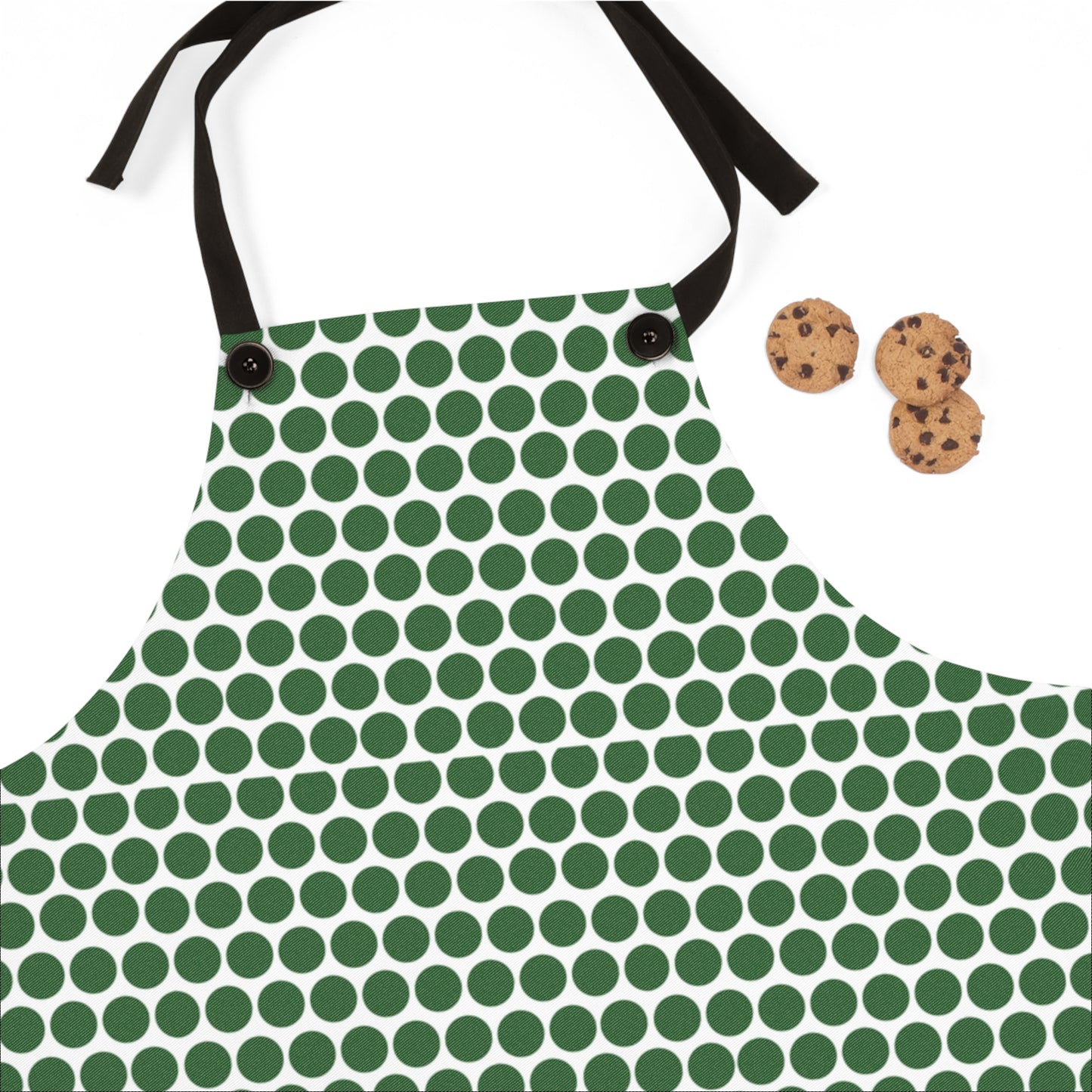Green Polka Dot Holiday Apron | Lightweight 100% Polyester Twill, Detachable Black Twill Straps