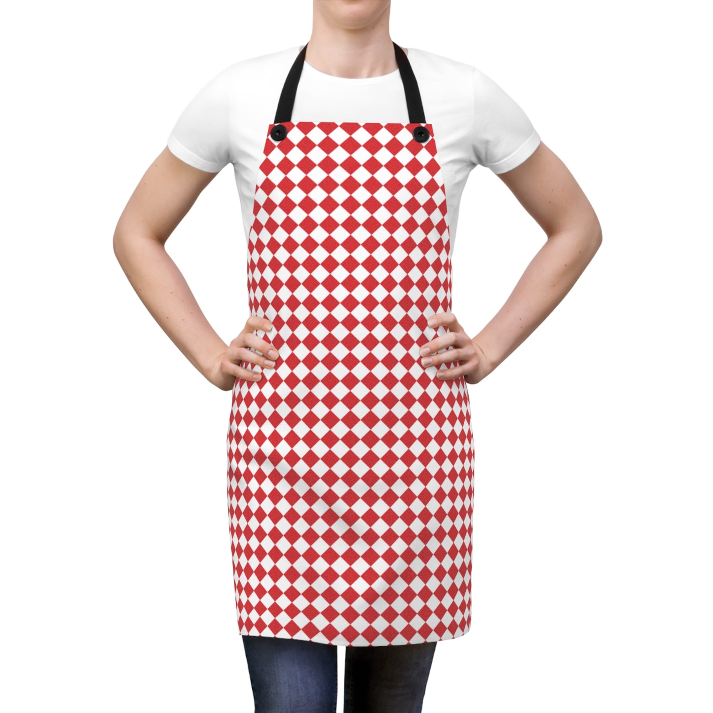 Red & White Argyle Holiday Apron | Lightweight 100% Polyester Twill, Detachable Black Twill Straps
