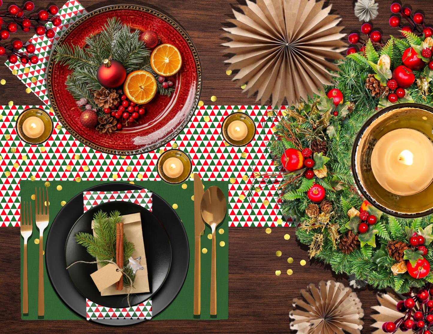 Red & Green Triangle Party Polyester Napkins | Festive Christmas Holiday Cloth Napkin Set, Bold Geometric Dining Décor