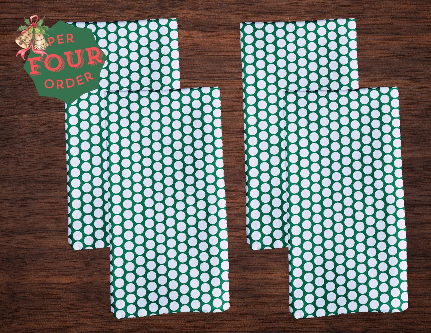 White Polka Dot on Green Polyester Napkins | Christmas Holiday Cloth Napkin Set, Festive Rustic Dining Décor