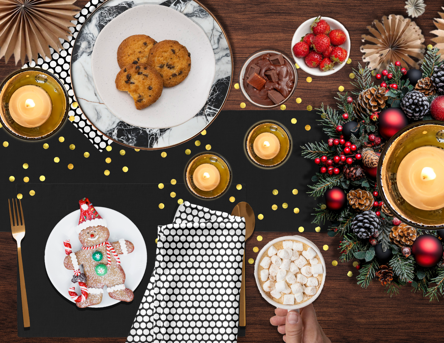 White Polka Dot on Black Polyester Napkins | Christmas Holiday Cloth Napkin Set, Bold Festive Dining Décor