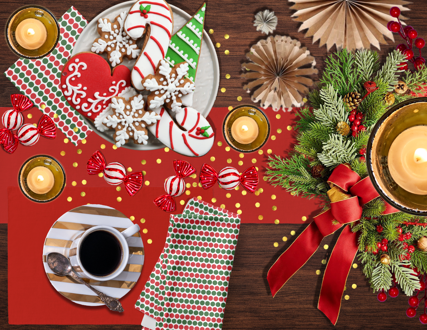 Red & Green Polka Dot Polyester Napkins | Christmas Holiday Cloth Napkin Set, Festive Farmhouse Dining Décor