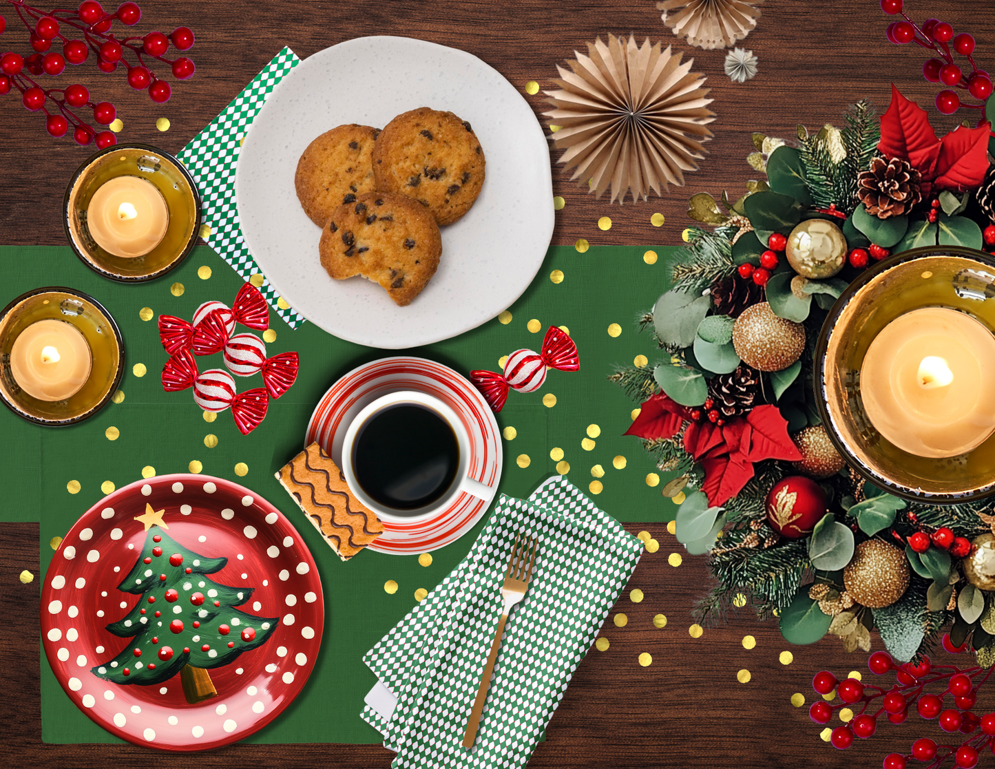 Nutcracker Drummer Green Argyle Polyester Napkins | Christmas Holiday Cloth Napkin Set, Festive Diamond Check Décor