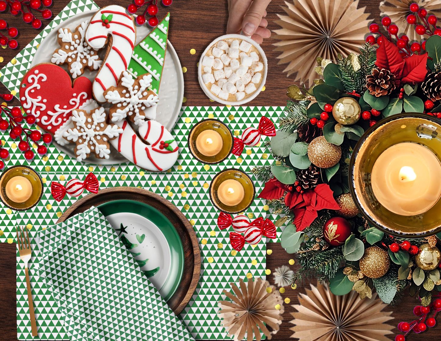 Green Triangle Christmas Table Runner | Bold Holiday Farmhouse Dining Room Décor, Festive Geometric Modern Table Accent