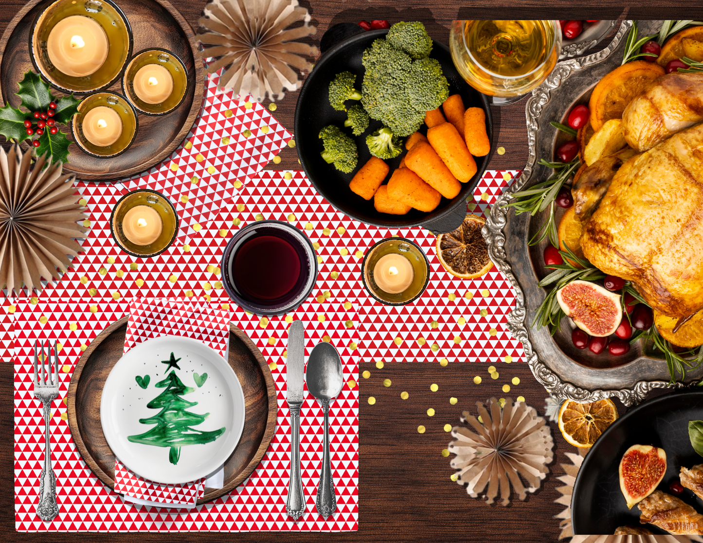 Red Triangle Polyester Placemats | Bold Christmas Holiday Dining Décor, Festive Washable Table Mat Set