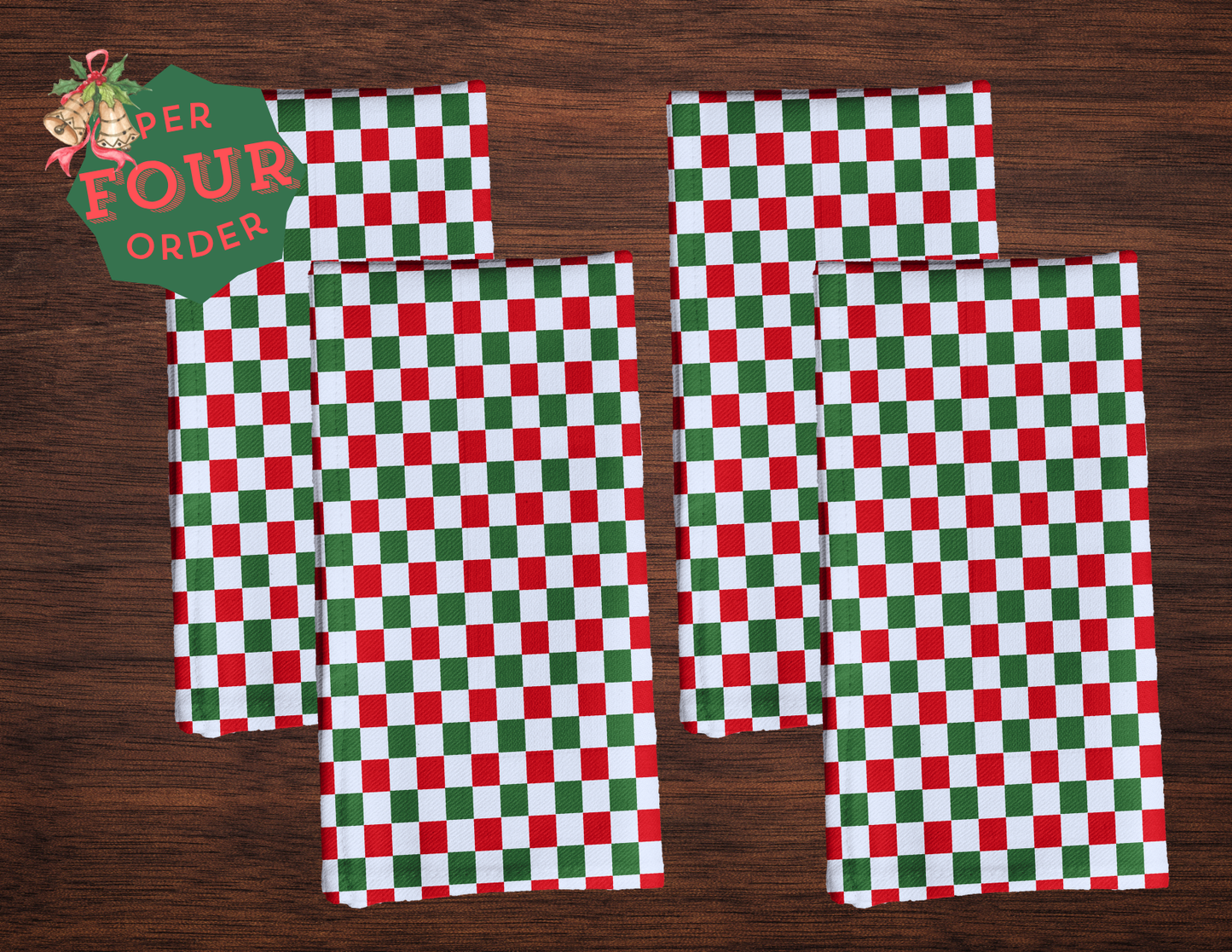 Red Green & White Gingham Polyester Napkins | Christmas Holiday Cloth Napkin Set, Festive Farmhouse Table Décor