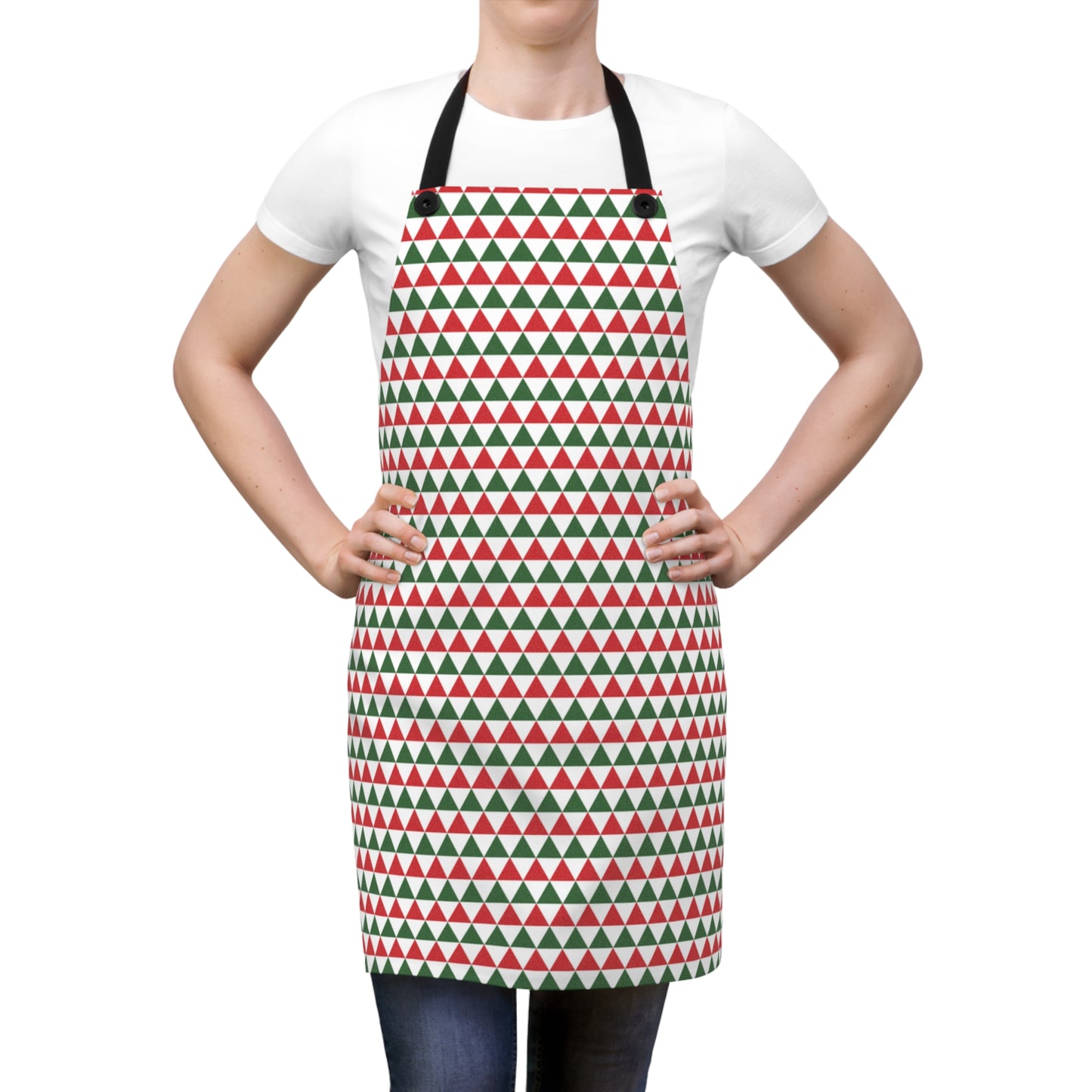 Red & Green Triangle Striped Holiday Apron | Lightweight 100% Polyester Twill, Detachable Black Twill Straps