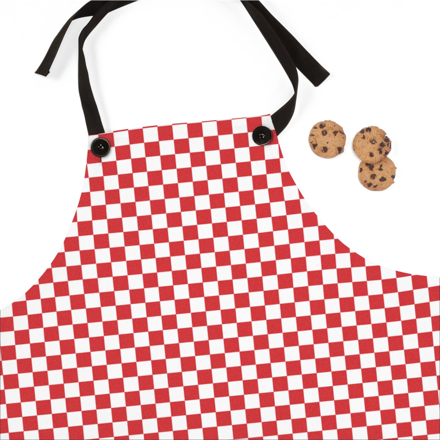Red & White Check Holiday Apron | Lightweight 100% Polyester Twill, Detachable Black Twill Straps