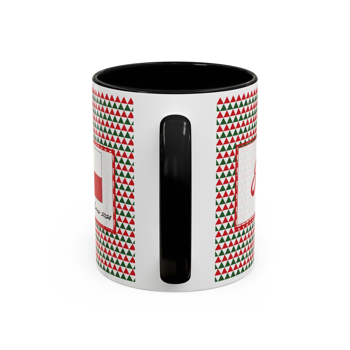 Joy- Red & Green Triangles Personalizable Christmas Ceramic Mug (11oz, 15 oz)