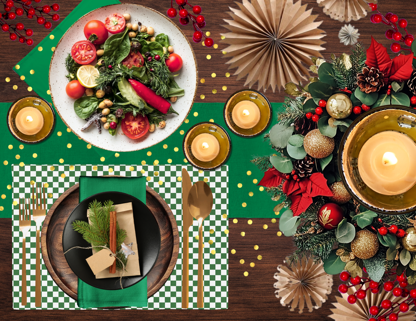 Green & White Check Polyester Napkins | Christmas Holiday Décor, Rustic Farmhouse Cloth Napkin Set, Reusable Holiday Linens