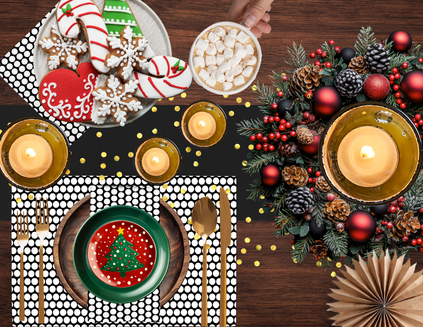 White Polka Dot on Black Polyester Placemats | Christmas Holiday Dining Décor, Bold Festive Washable Table Mat Set