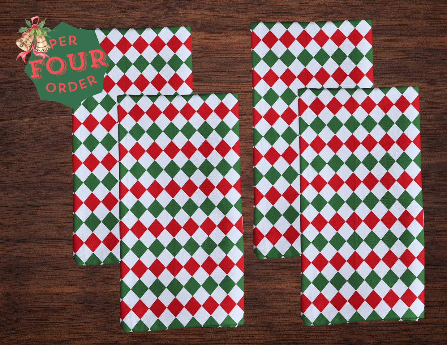 Red Green & White Argyle Polyester Napkins | Christmas Holiday Cloth Napkin Set, Festive Diamond Check Décor