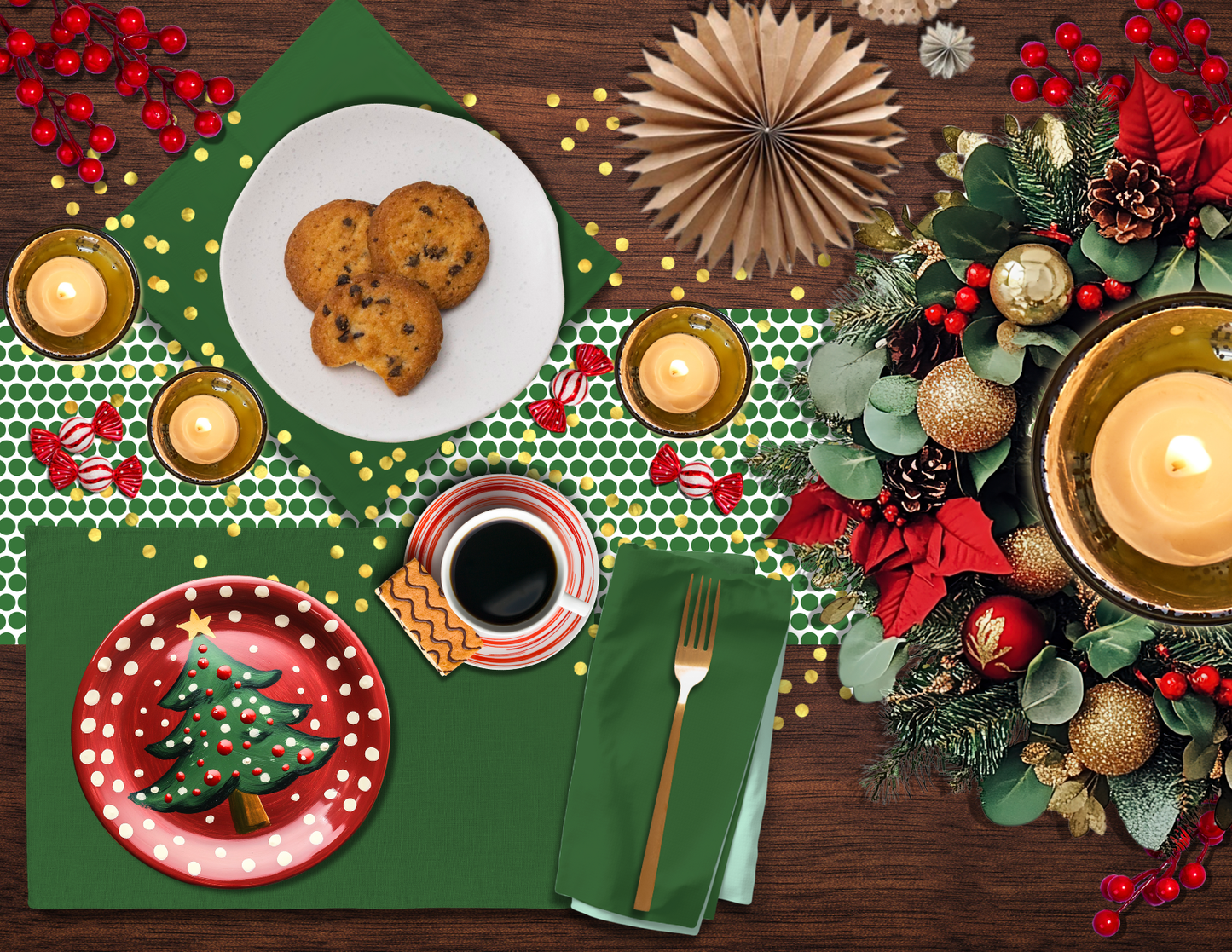 Green Polka Dot Christmas Table Runner | Festive Holiday Farmhouse Dining Décor, Playful Spot Pattern Accent