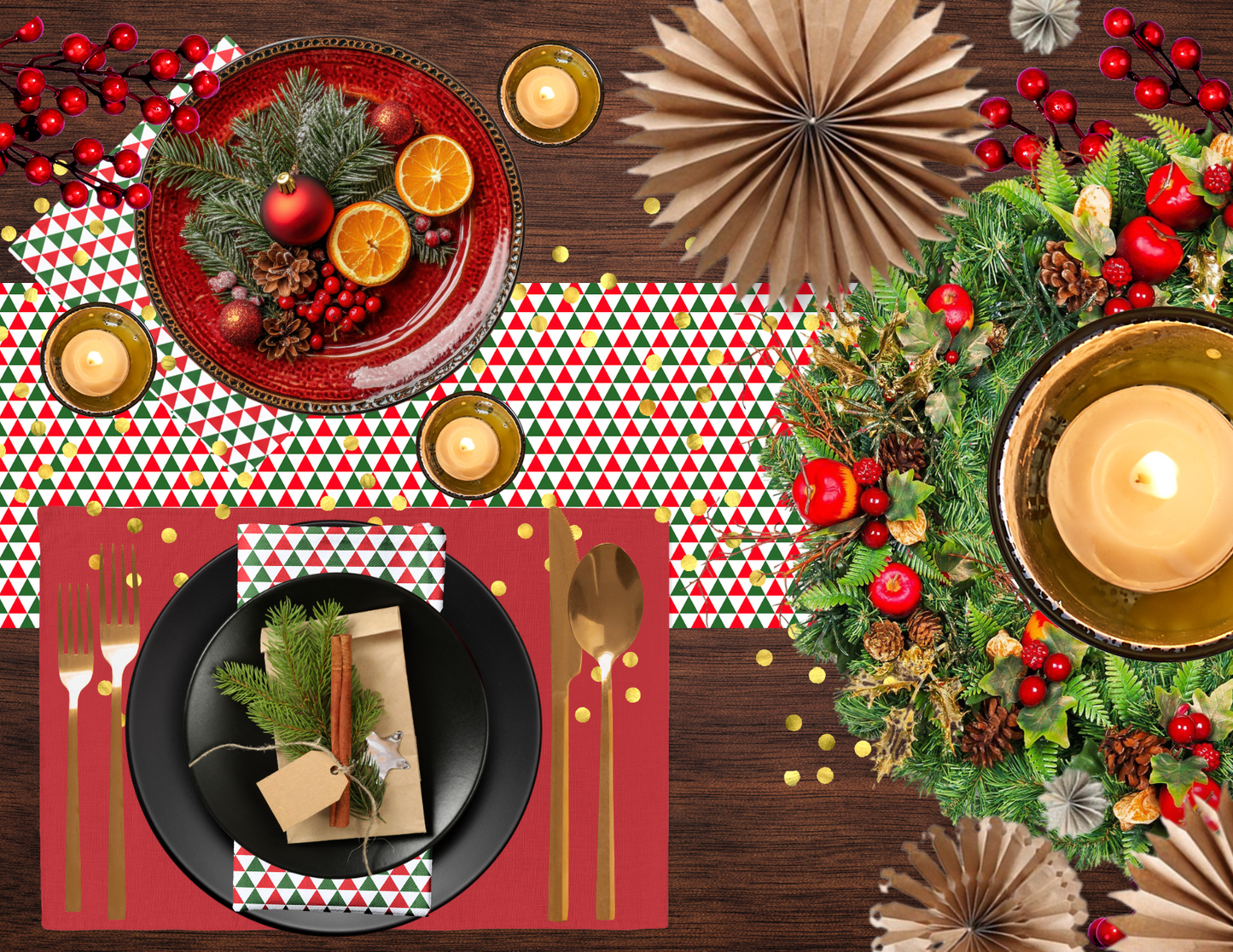 Striped Red & Green Triangle Polyester Napkins | Christmas Holiday Cloth Napkin Set, Festive Farmhouse Dining Décor