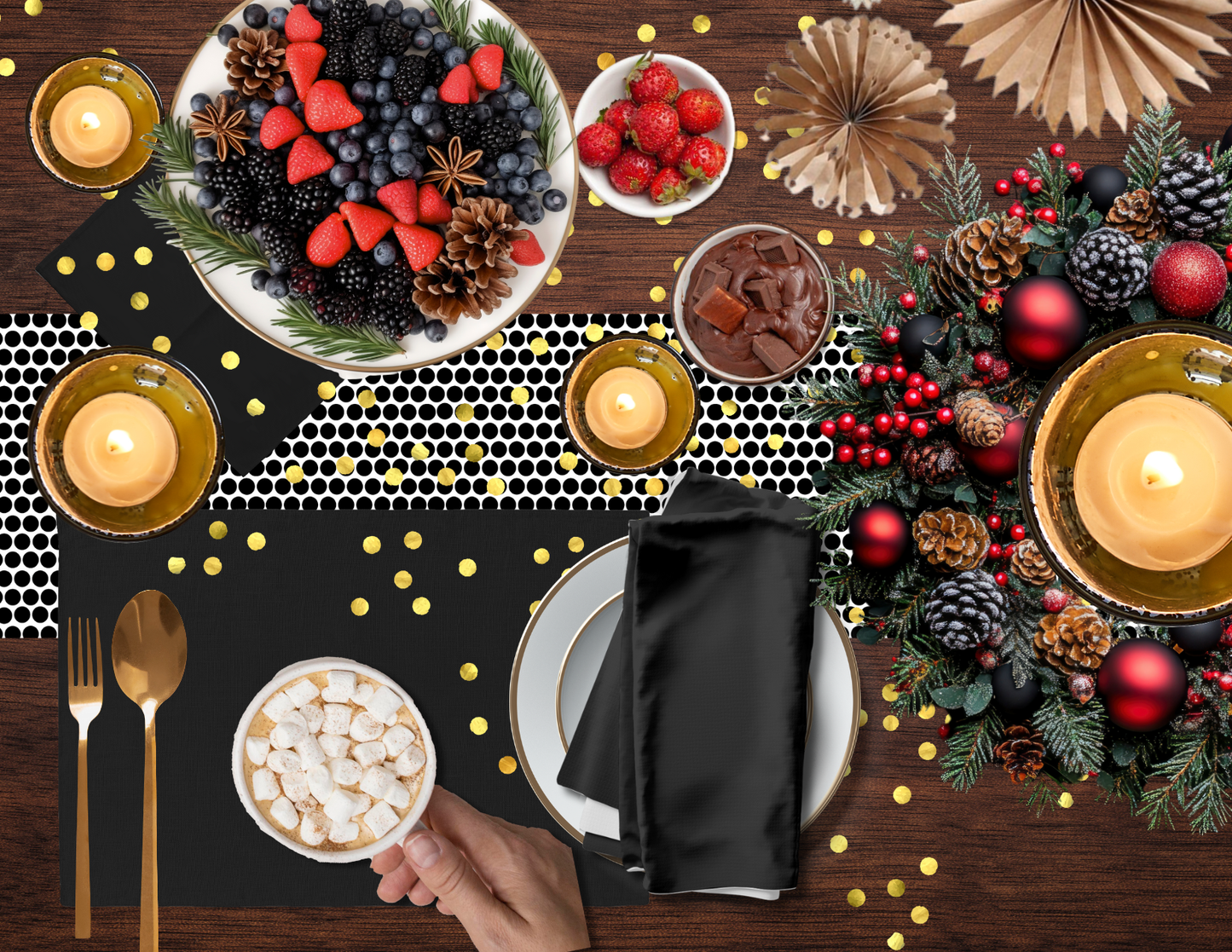 Black Holiday Napkin Set | 4 Washable Cloth Napkins, Elegant Christmas Table Decor