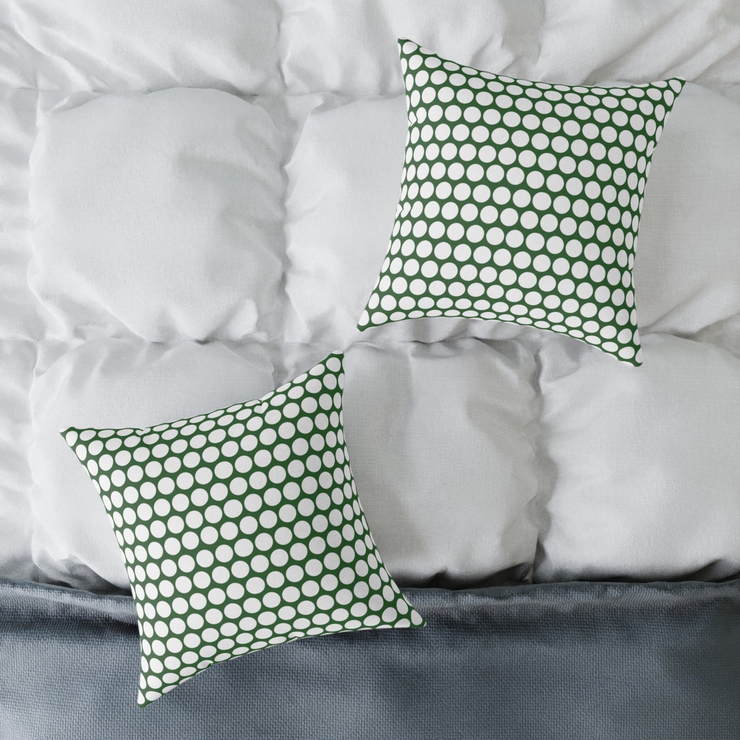 White Polka Dot on Green Christmas Decorative Pillow | Double‑Sided Poly Canvas Cushion, Vibrant Holiday Décor, 5 Sizes