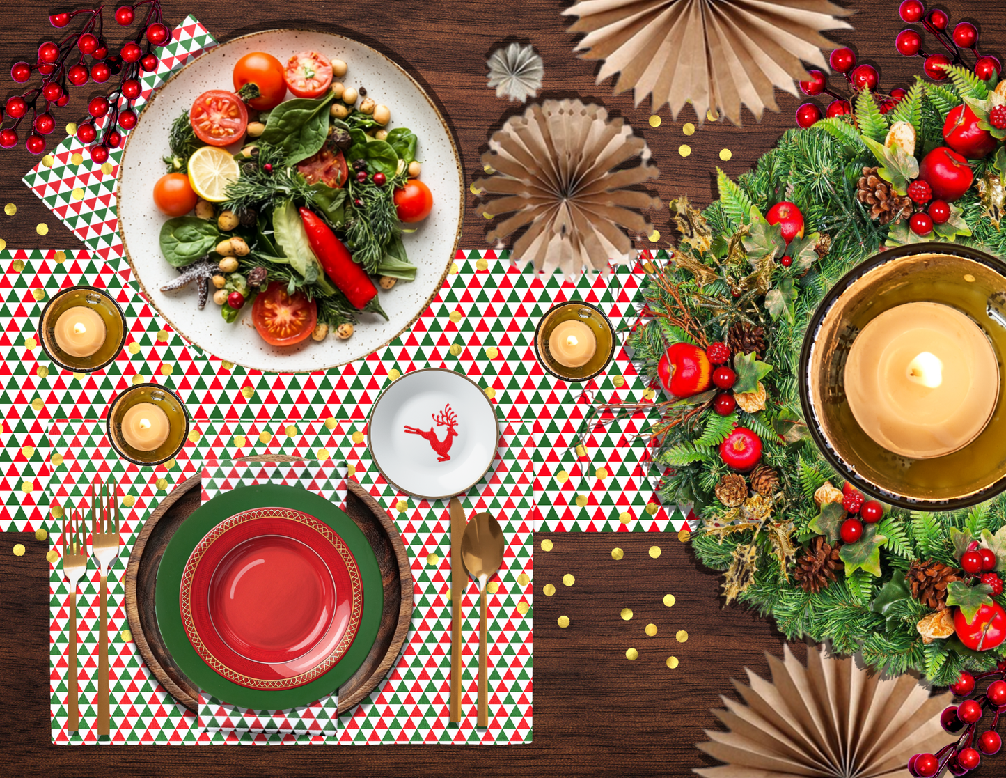 Red & Green Triangle Polyester Placemats | Christmas Holiday Dining Décor, Bold Festive Geometric Washable Mat Set