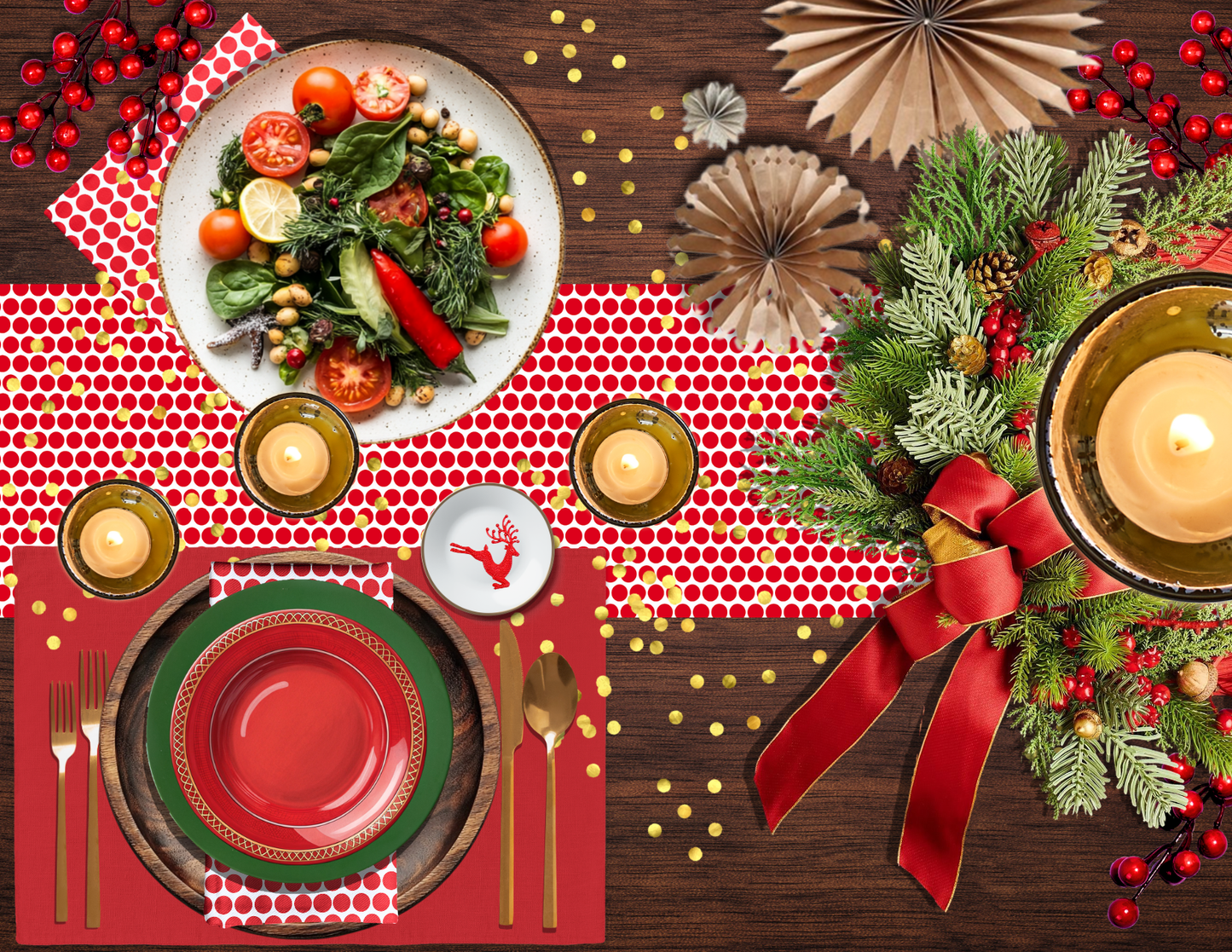 Red Christmas Placemat Set | Washable Holiday Dining Decor, Festive Classic Style