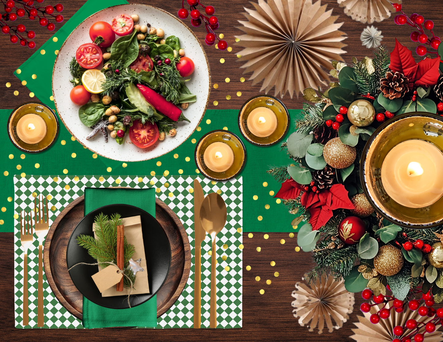 Green Holiday Napkin Set | 4 Washable Cloth Napkins, Festive Christmas Table Decor