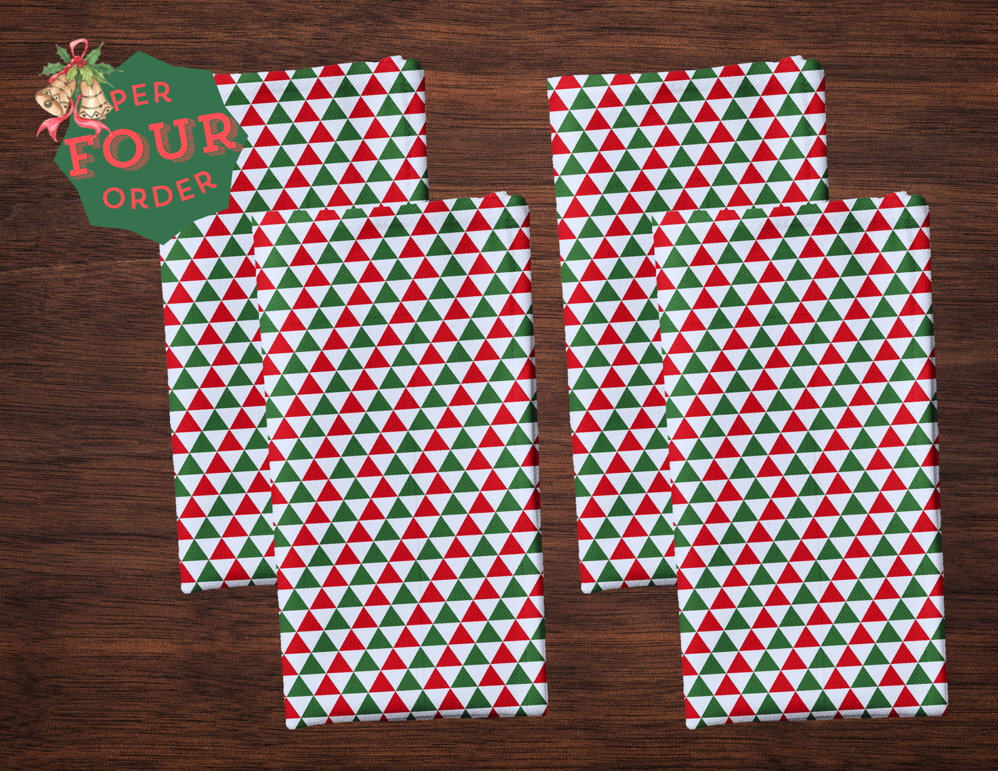 Striped Red & Green Triangle Polyester Napkins | Christmas Holiday Cloth Napkin Set, Festive Farmhouse Dining Décor