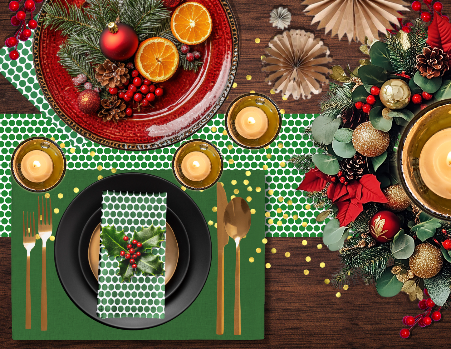 Green Holiday Placemat Set | 4 Washable Placemats, Festive Christmas Dining Table Decor