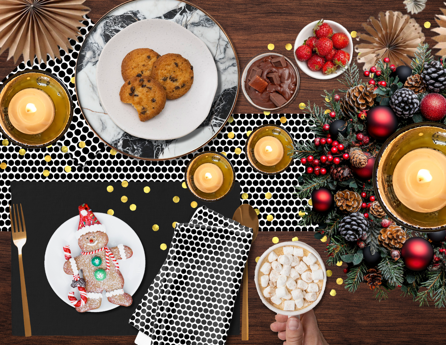 Black Polka Dot Polyester Napkins | Christmas Holiday Cloth Napkin Set, Bold Modern Farmhouse Dining Décor