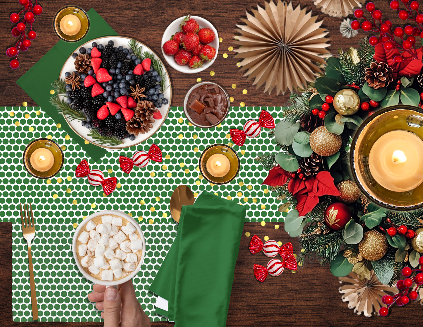 Green Polka Dot Christmas Table Runner | Festive Holiday Farmhouse Dining Décor, Playful Spot Pattern Accent